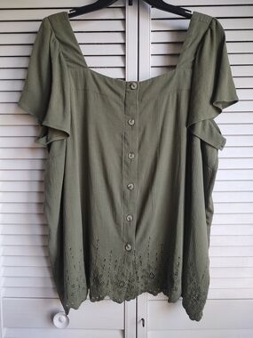 torrid Olive Green Button-Front Ruffle Sleeve Top